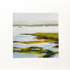 8x8 Original Oil Painting Maine Seascape Sailboats Coastal New England Signed